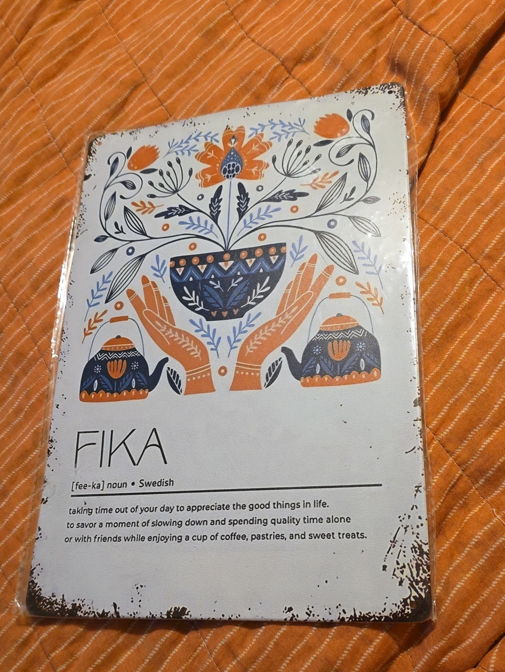 FIKA Decorative Wall Art Sign - Orange & Navy Folk Floral